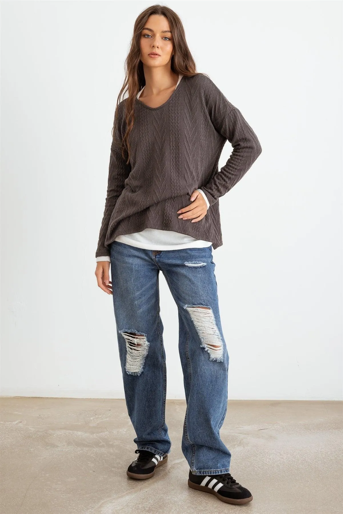 Charcoal Knit Round Neck Long Sleeve Top