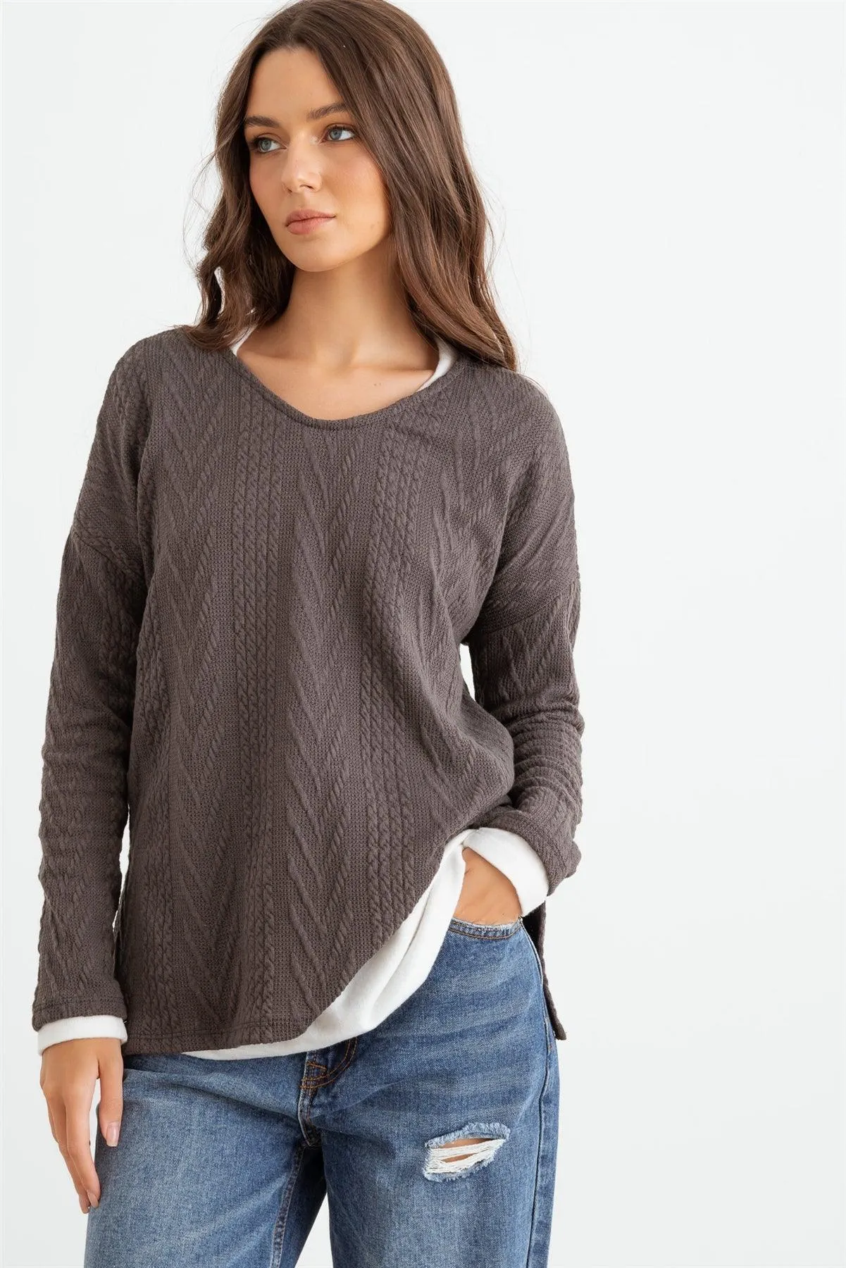 Charcoal Knit Round Neck Long Sleeve Top