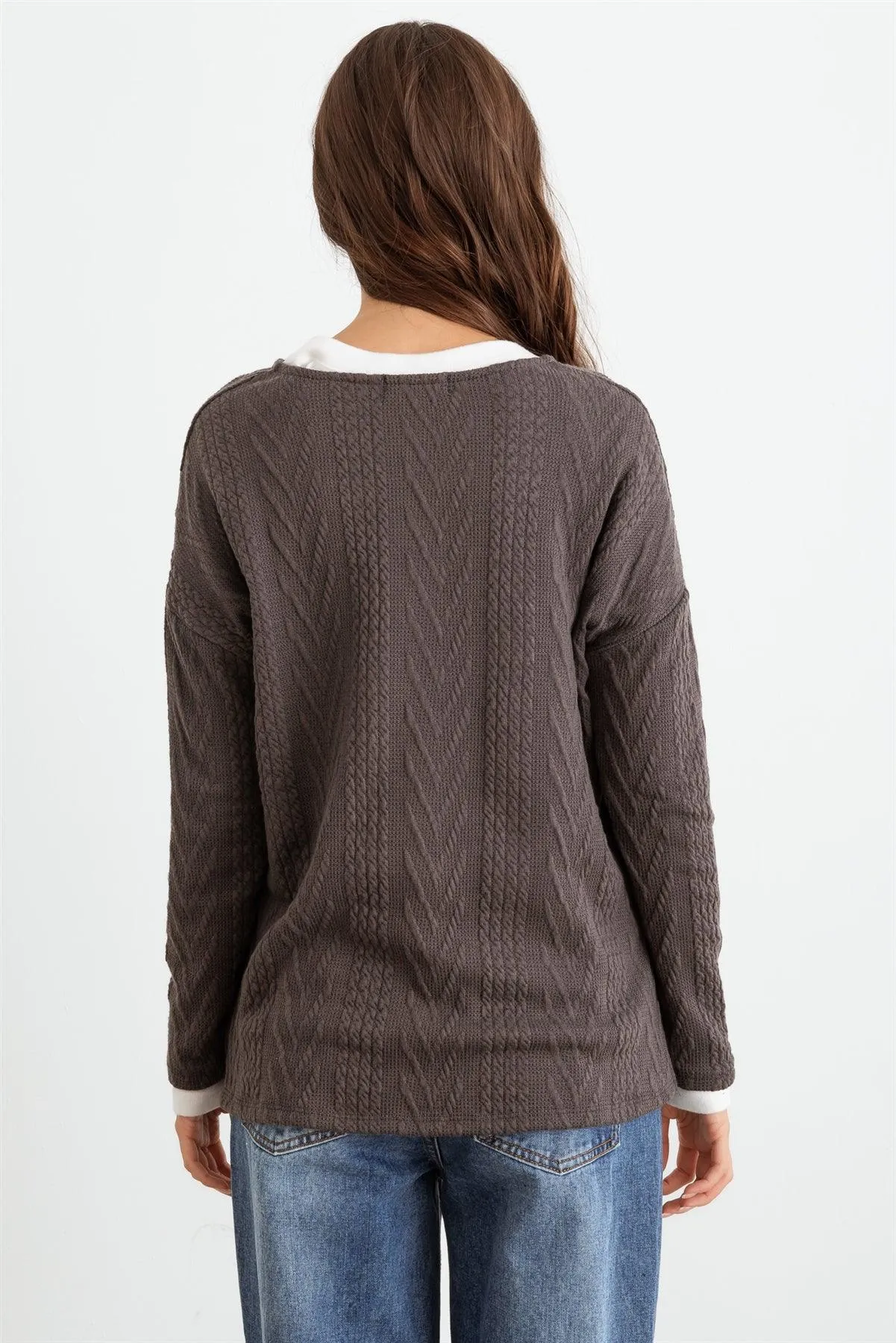 Charcoal Knit Round Neck Long Sleeve Top