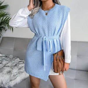 Chic Crew Neck Pullover Slit Front Pointelle Knit Belted Long Sweater Vest