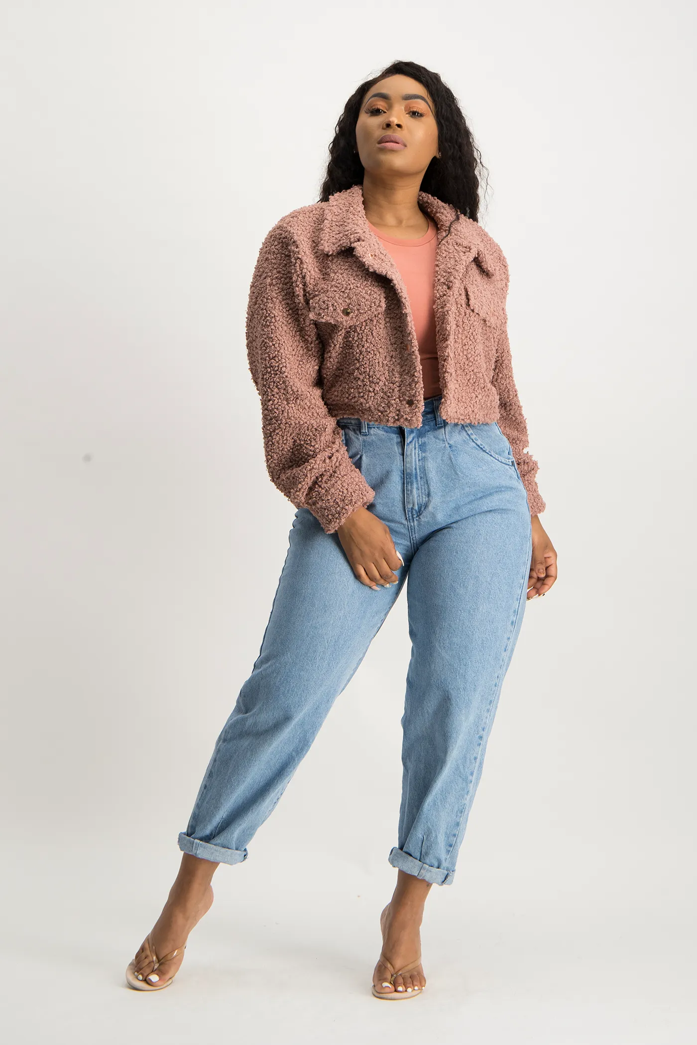 Chloe Cropped Teddy Jacket - Blush