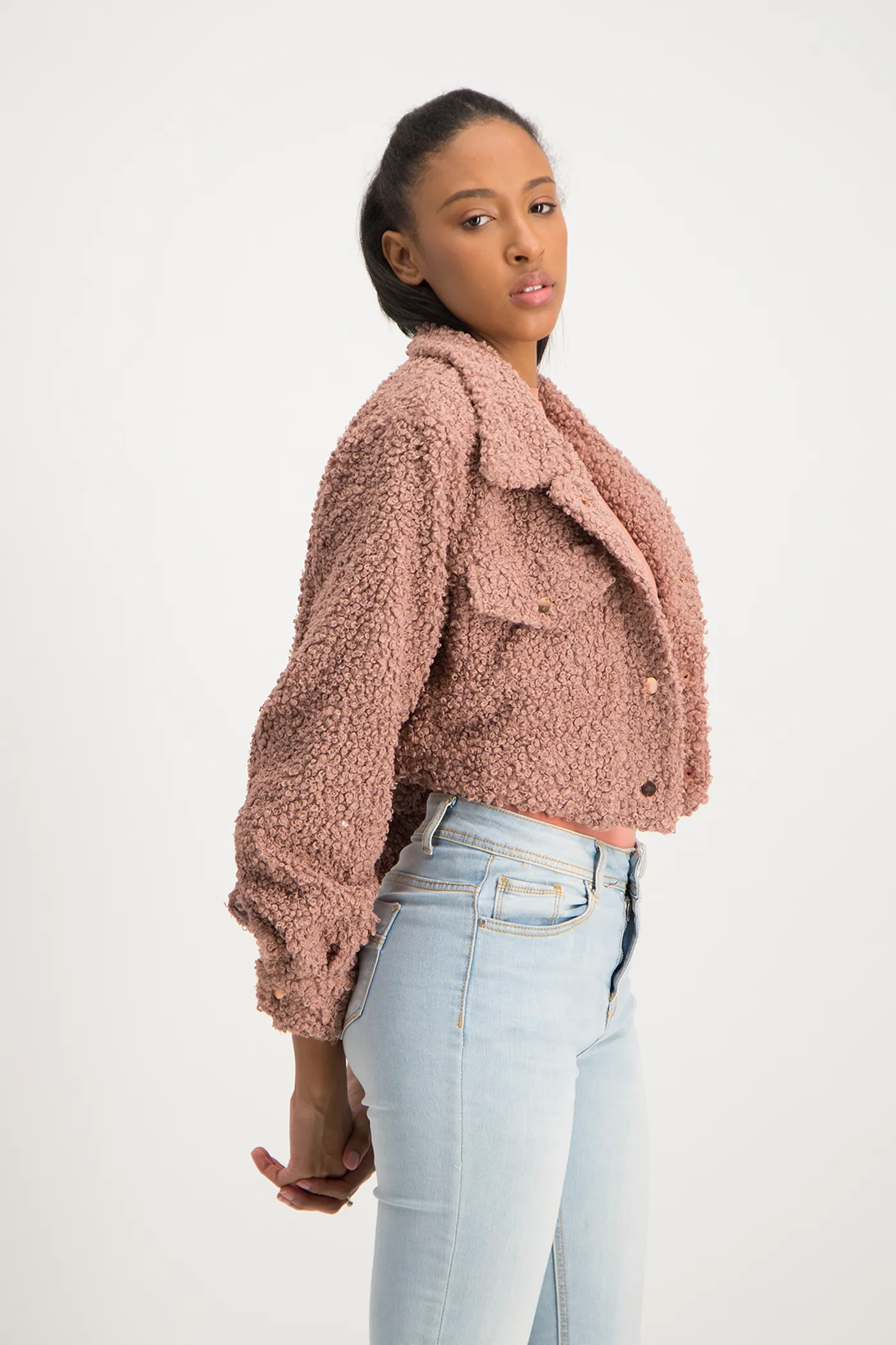 Chloe Cropped Teddy Jacket - Blush