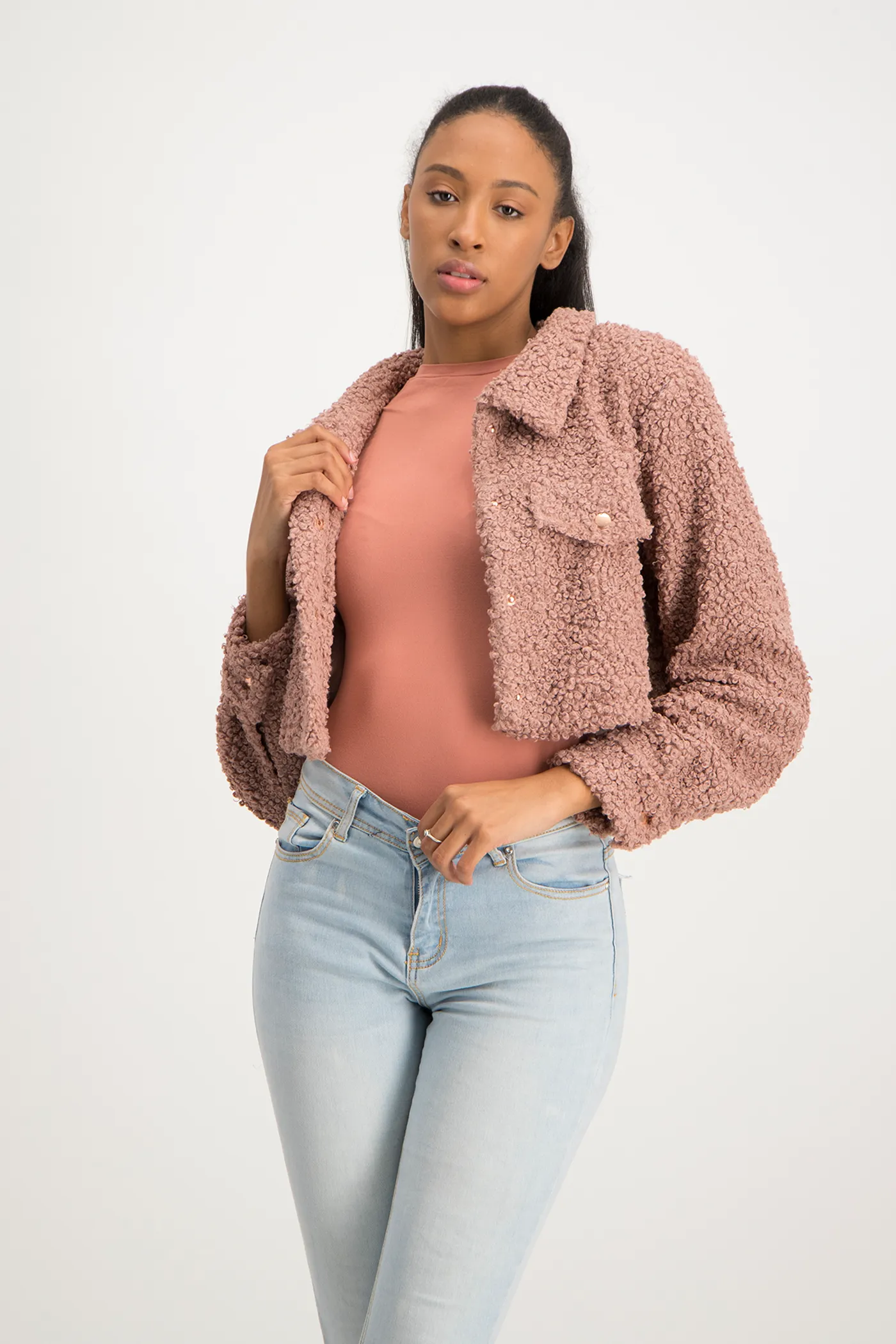 Chloe Cropped Teddy Jacket - Blush