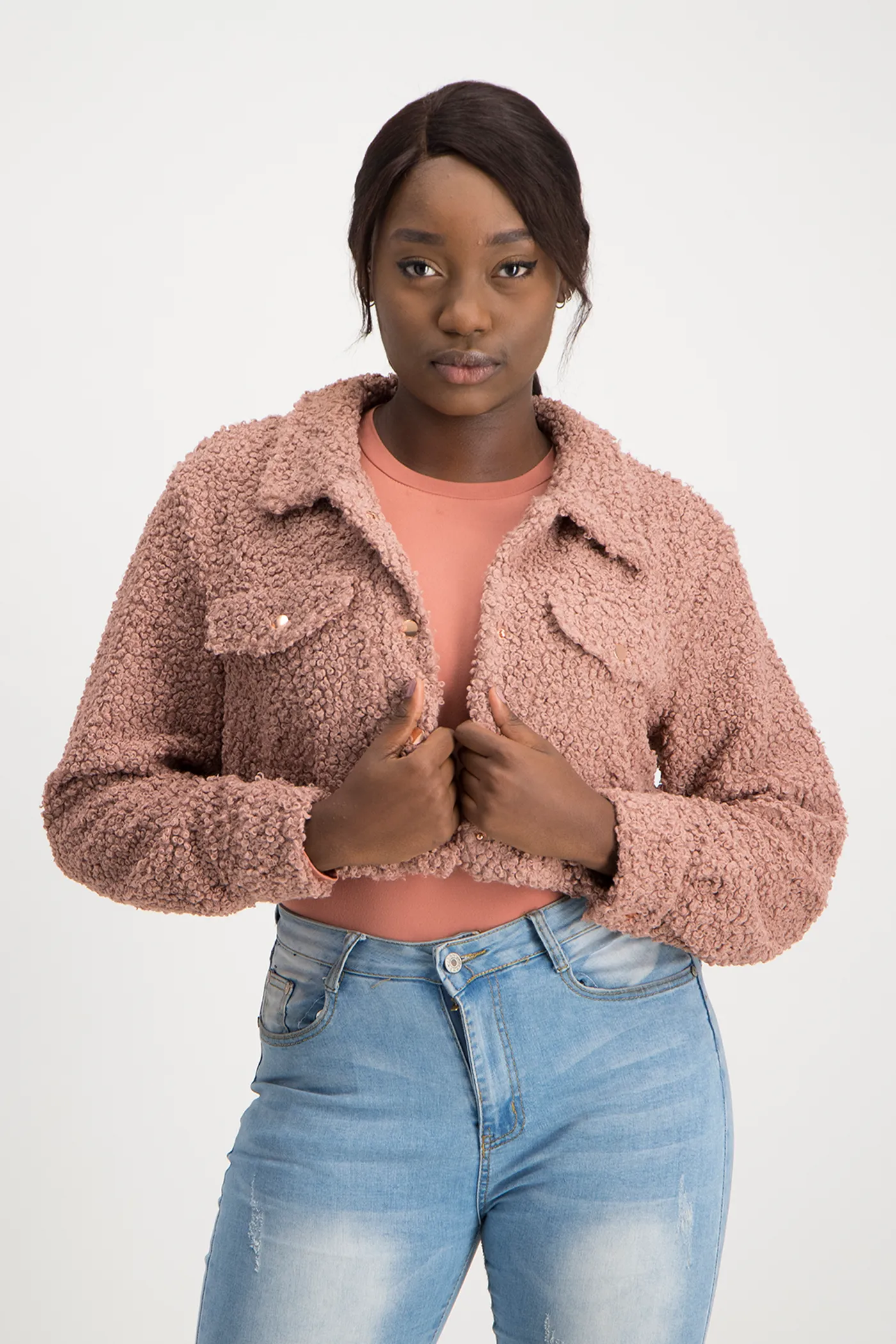 Chloe Cropped Teddy Jacket - Blush