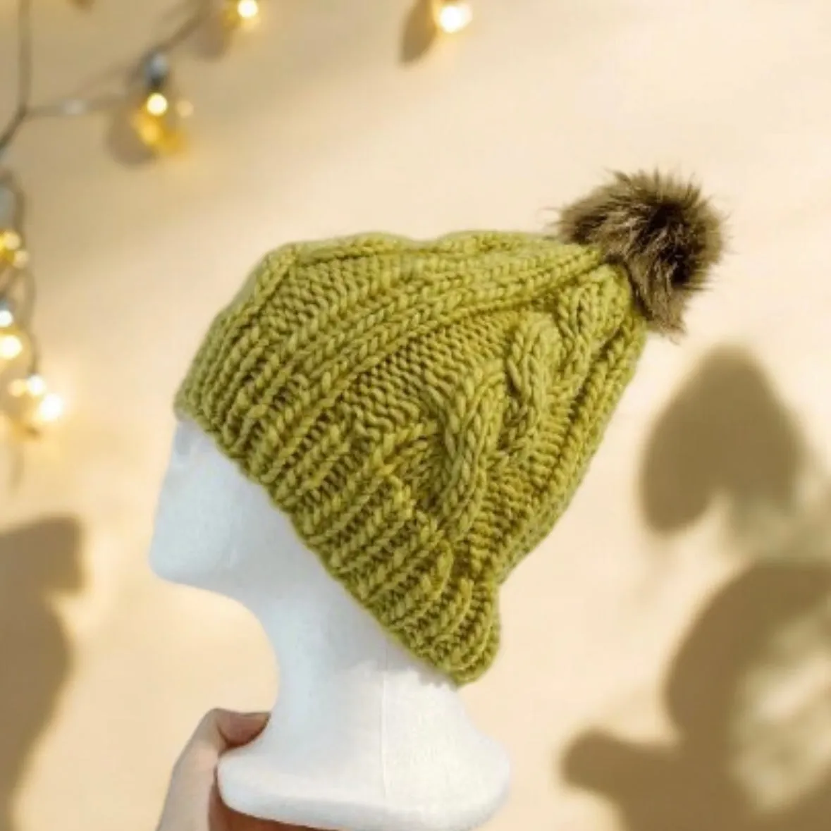 Chunky faux fur pompom cable knit hat | knit winter beanie | cozy warm knit hat |lime green colour hat