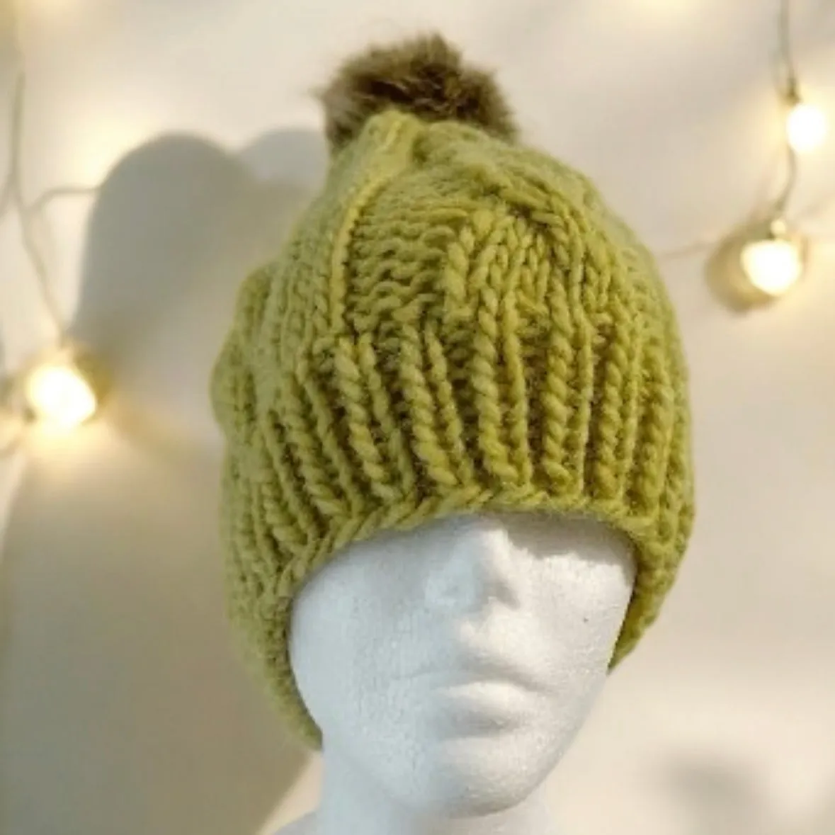 Chunky faux fur pompom cable knit hat | knit winter beanie | cozy warm knit hat |lime green colour hat