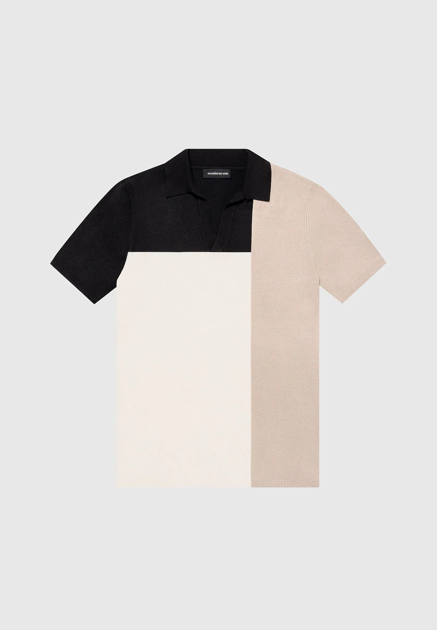 Colour Block Knit Revere Polo Top - Black/Beige