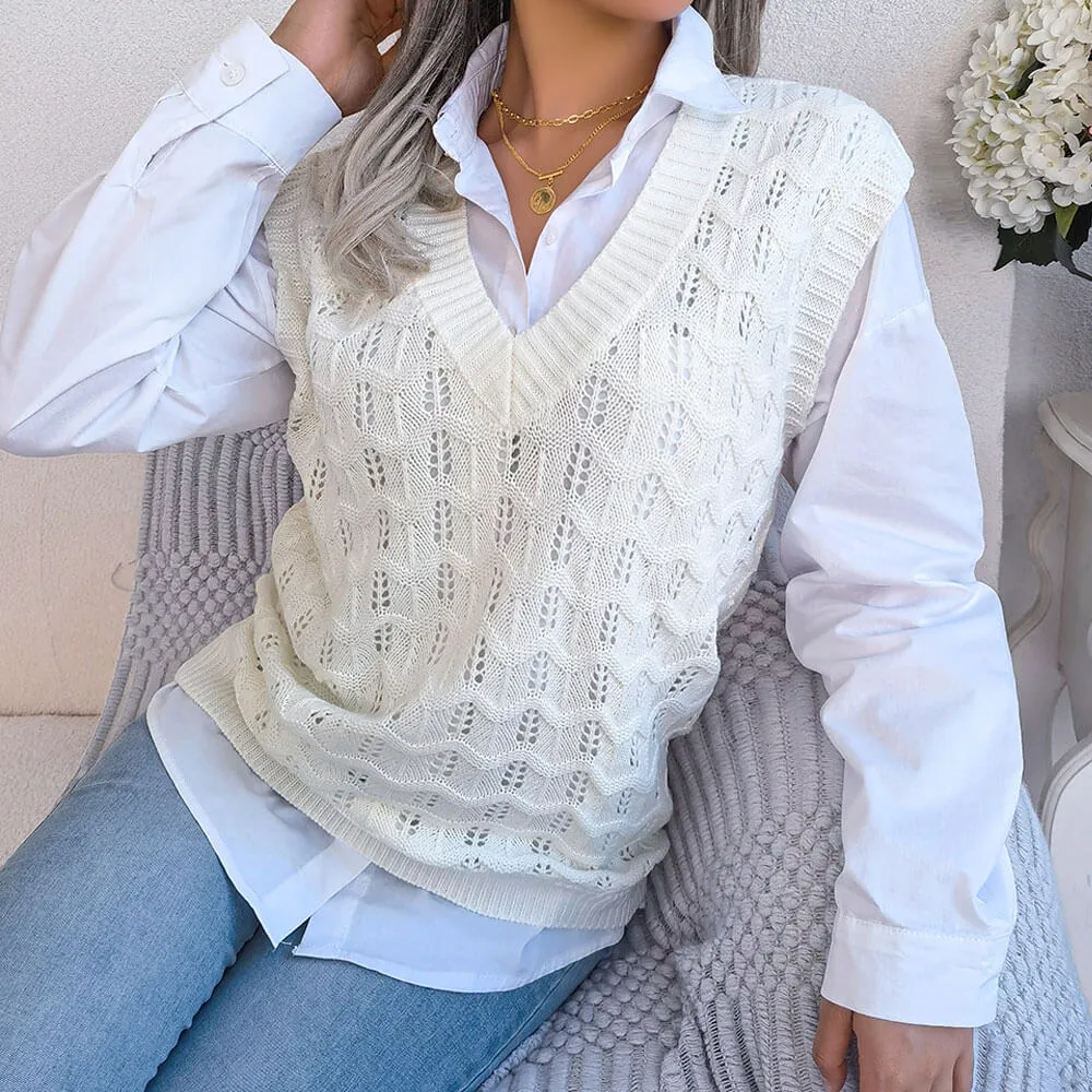 Comfy Solid Color V Neck Chevron Stitching Pointelle Knit Sweater Vest