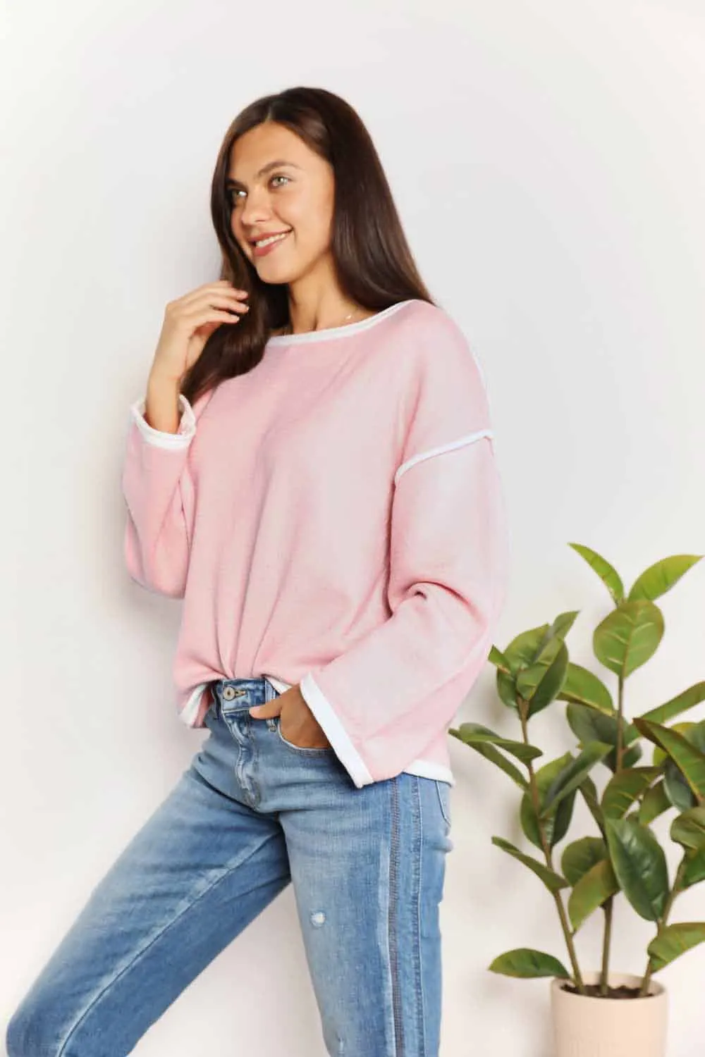 Contrast Detail Dropped Shoulder Knit Top