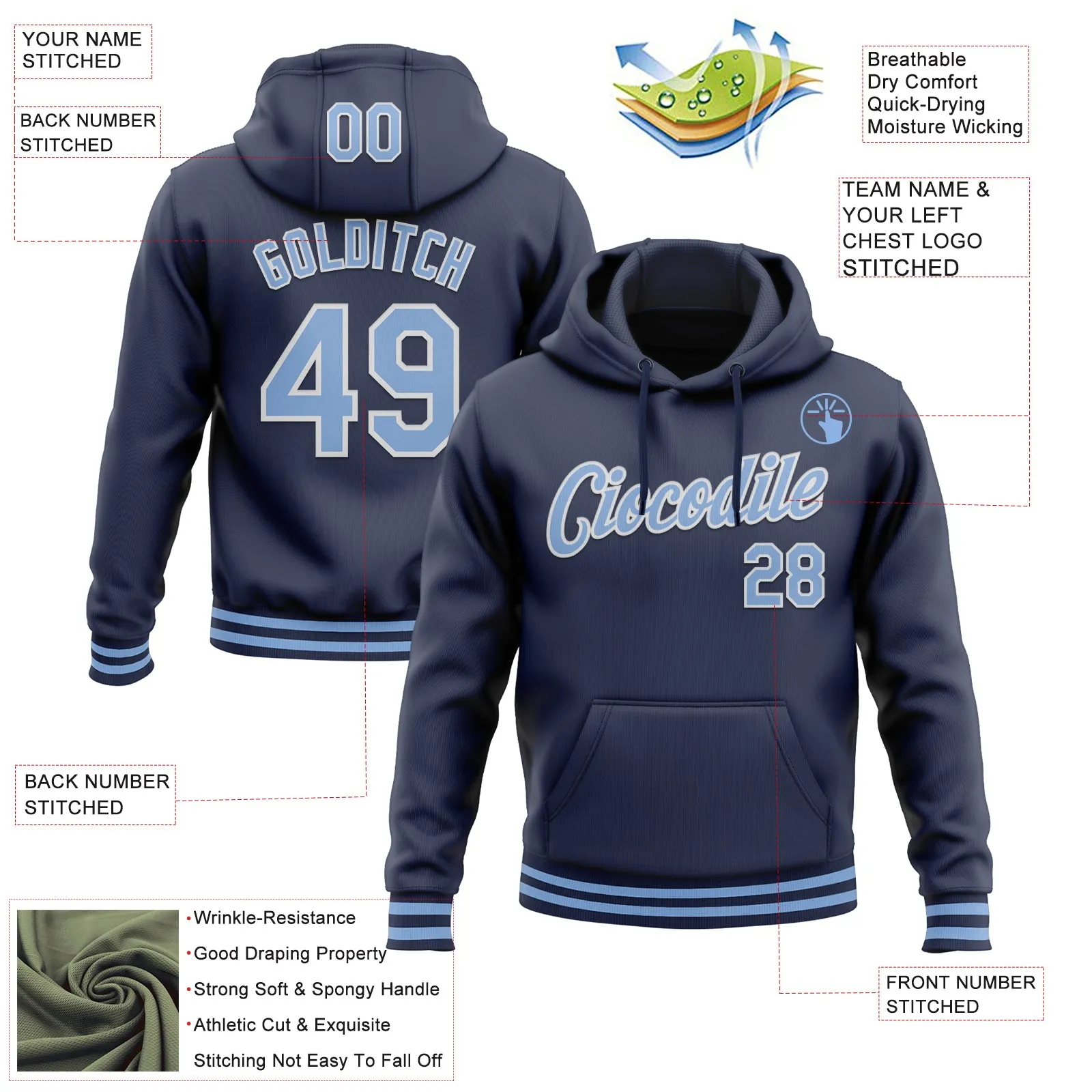 Custom Stitched Navy Light Blue-White Sports Pullover Sweatshirt Hoodie