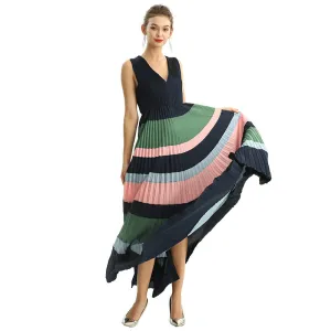 D198 Women color block satin V neck pleated maxi evening dress