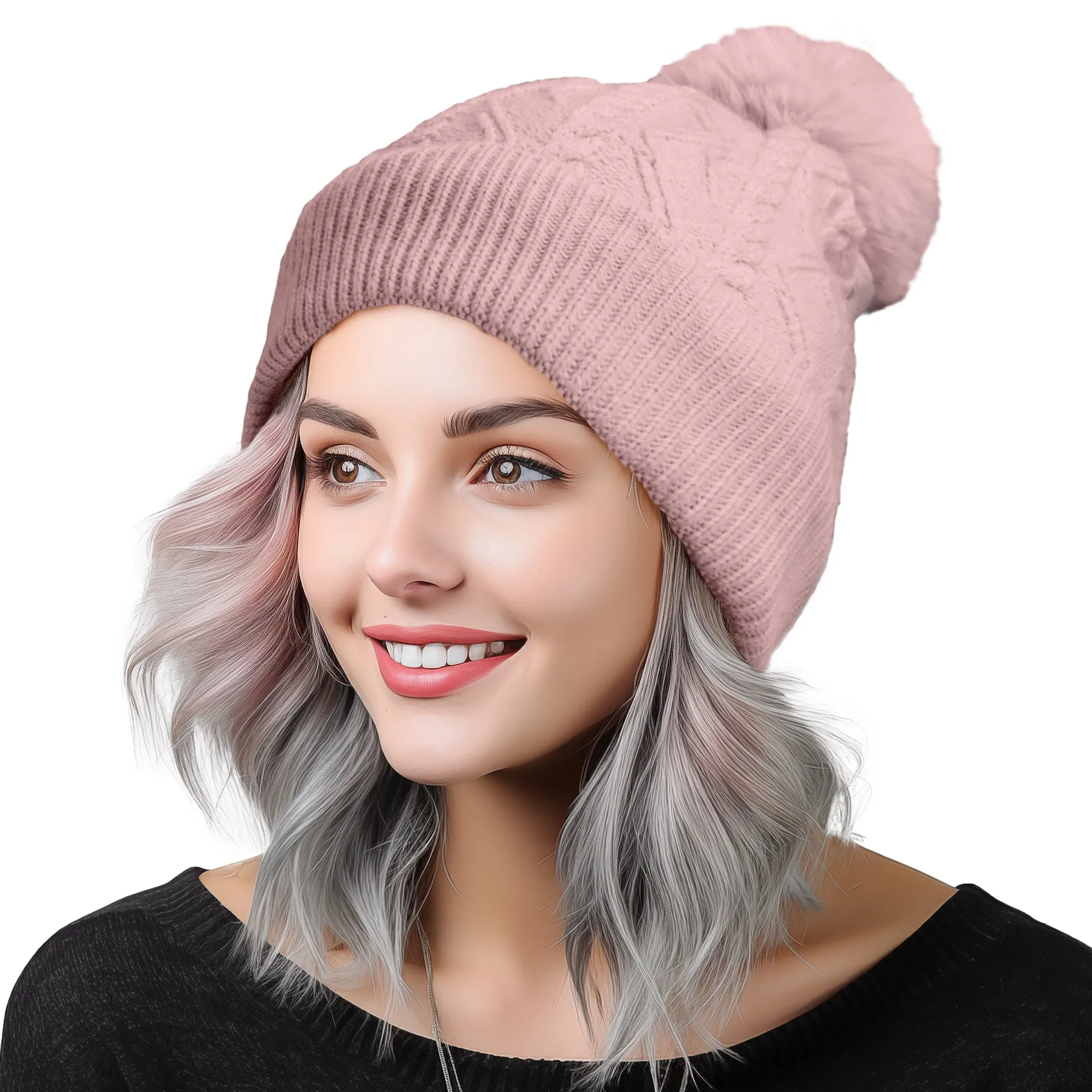 Dalix Cable Knit Pom Beanie