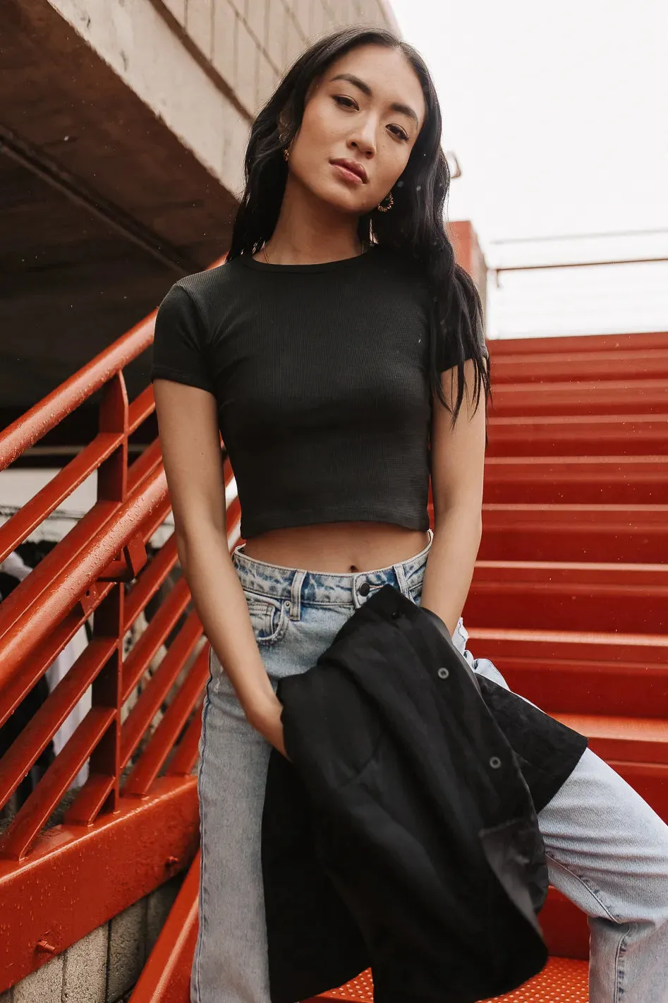 Dani Waffle Knit Crop Top in Black - FINAL SALE