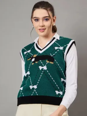 Dark Green Self Design Sweater