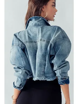 Denim Raw Hem Cropped Jacket By Urban Daizy