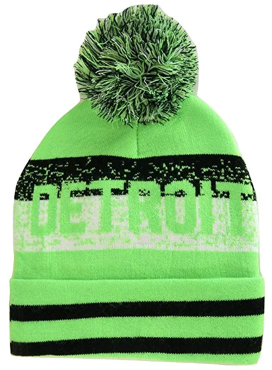 Detroit Pixelated Adult Size Winter Knit Pom Beanie Hat (Neon Green)