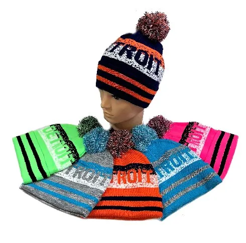 Detroit Pixelated Adult Size Winter Knit Pom Beanie Hat (Neon Green)