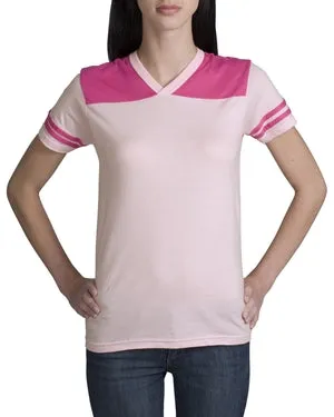 District Threads - Ladies Fine Knit Colorblock V-Neck Tee.  DT211