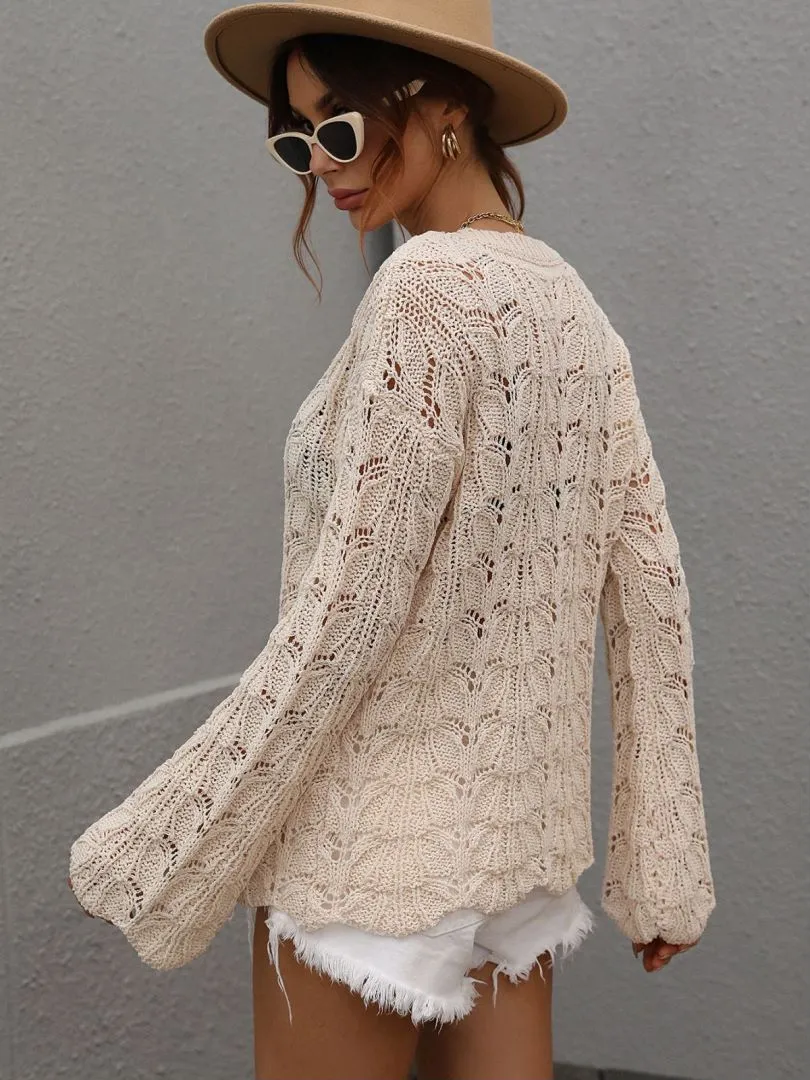 Don't Wait Up Openwork Dropped Shoulder Knit Top