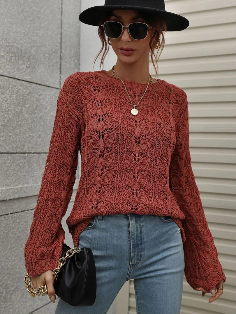 Don't Wait Up Openwork Dropped Shoulder Knit Top