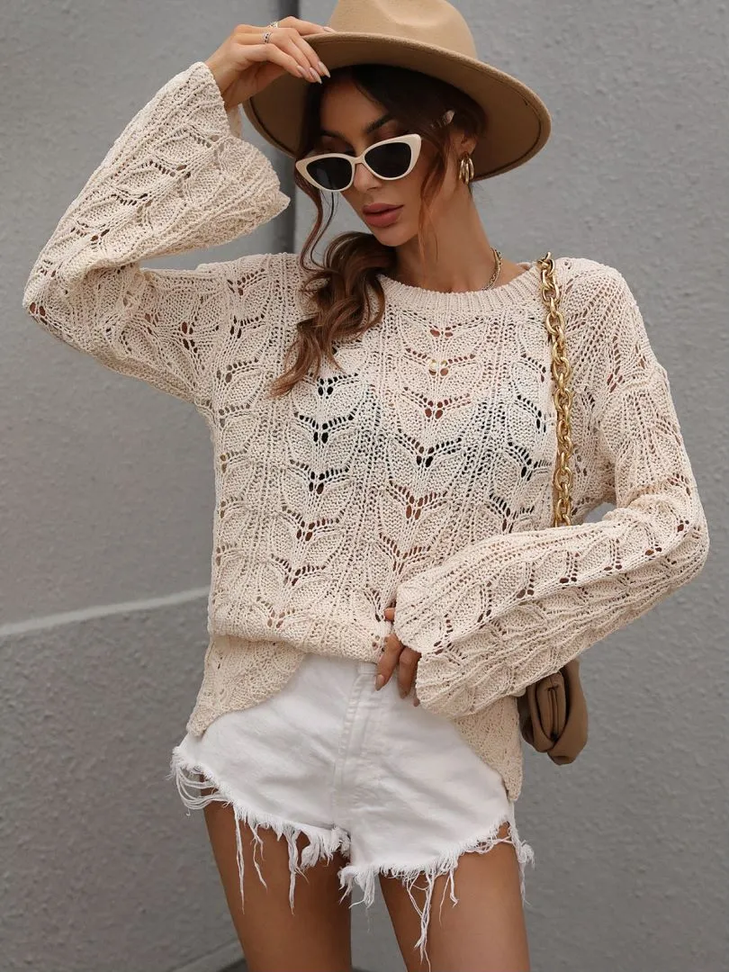 Don't Wait Up Openwork Dropped Shoulder Knit Top