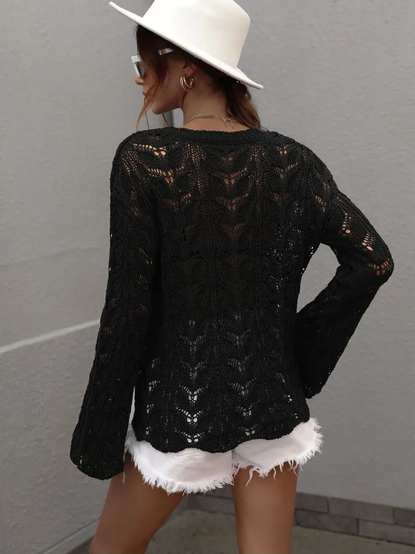 Don't Wait Up Openwork Dropped Shoulder Knit Top