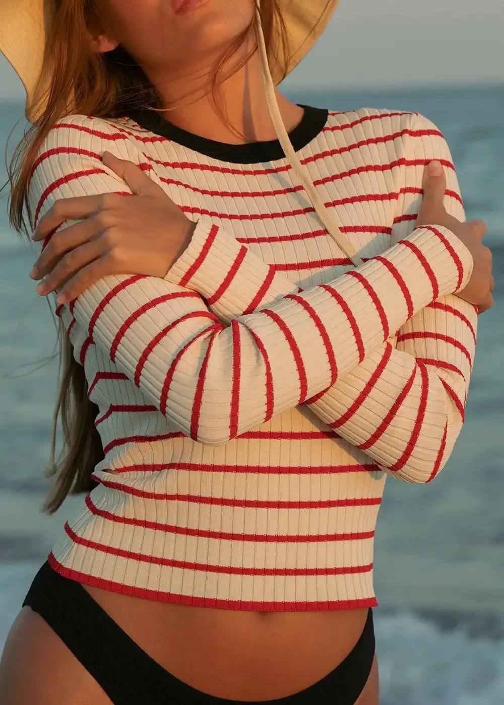 Dora Ribbed Knit Top Apple Red Stripe