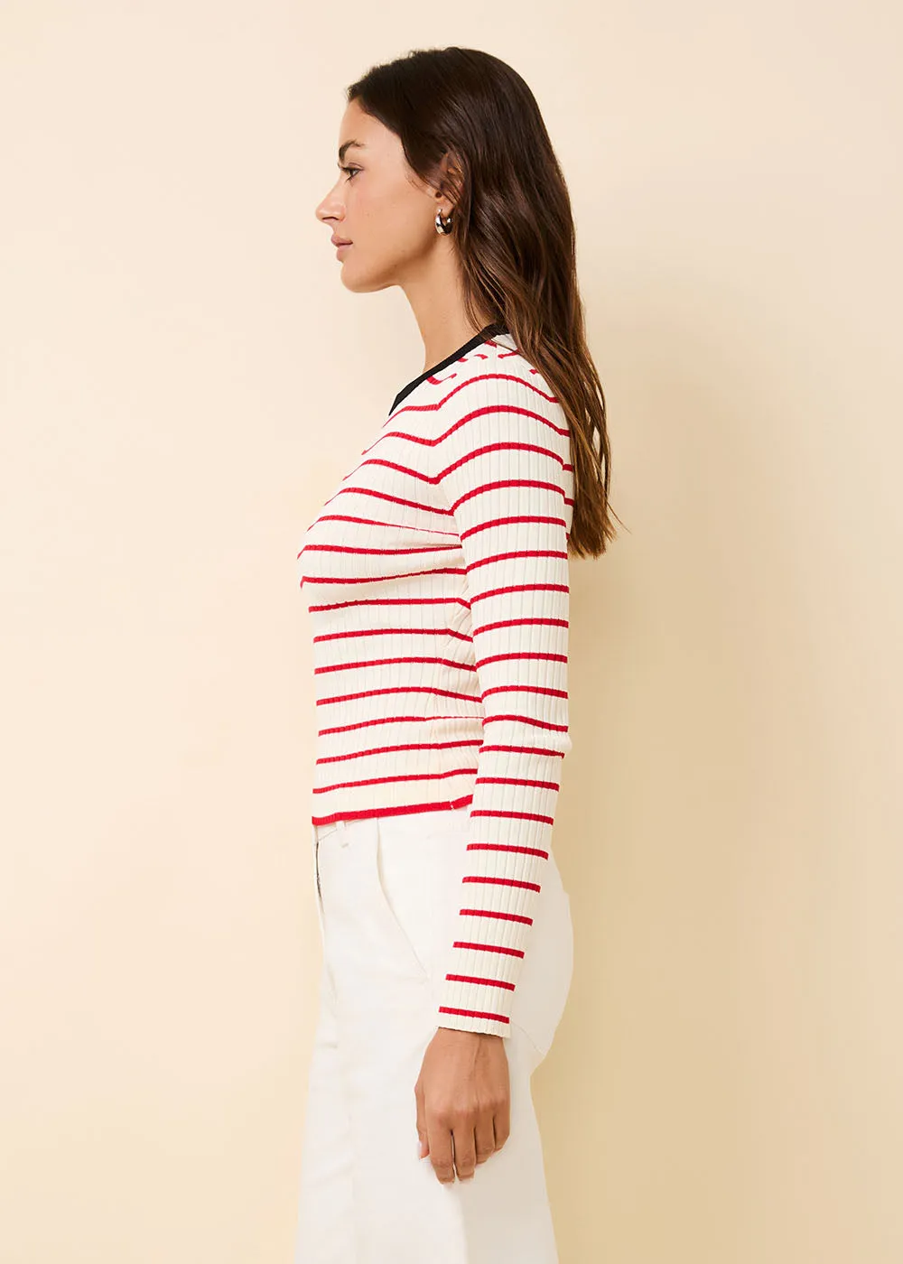 Dora Ribbed Knit Top Apple Red Stripe