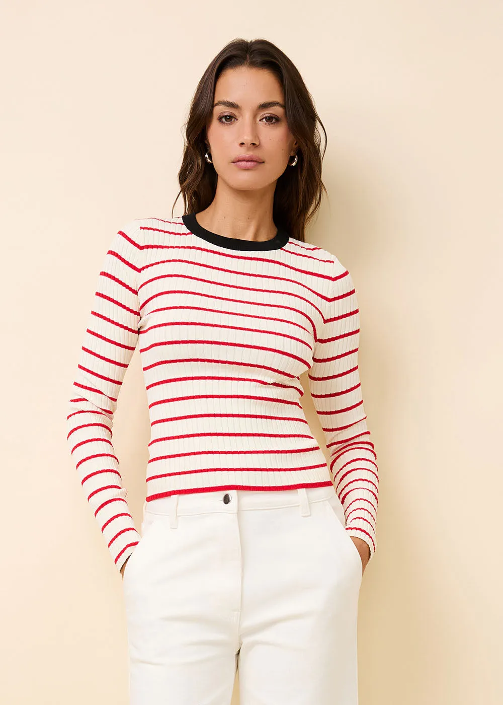 Dora Ribbed Knit Top Apple Red Stripe