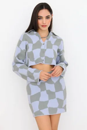 Dusty Blue & Grey Plaid Soft-To-Touch High Waist Mini Skirt & Collared Neck Button-Up Long Sleeve Jacket Set /1-2-2-1