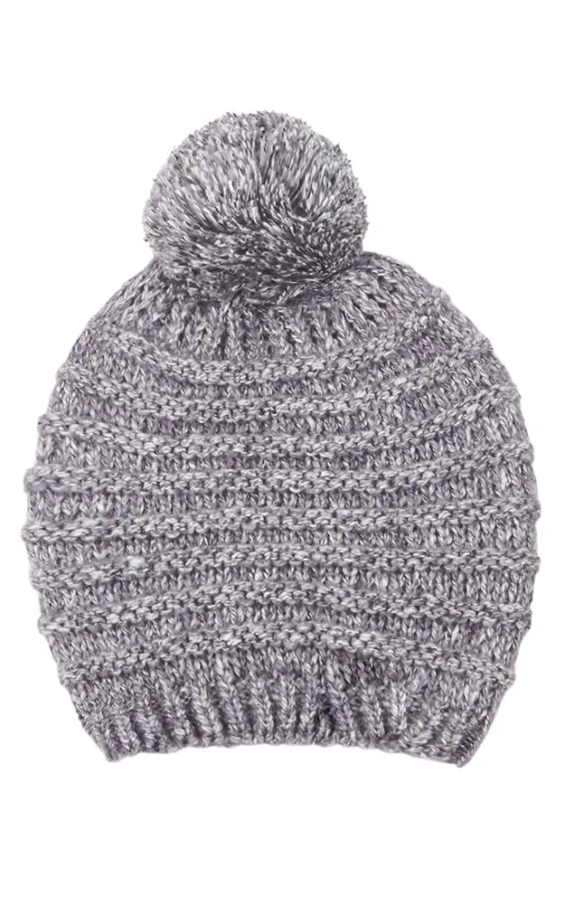 EAH9515 Stripe Pattern Knit Pompom Beanie Hat