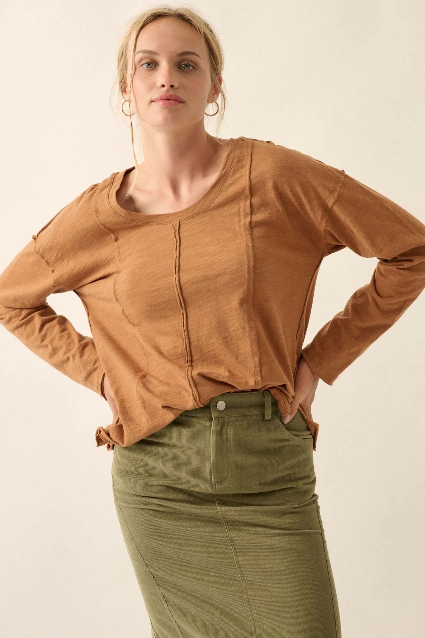 Easy Fit Cotton Slub Exposed-Seam Long-Sleeve Tee