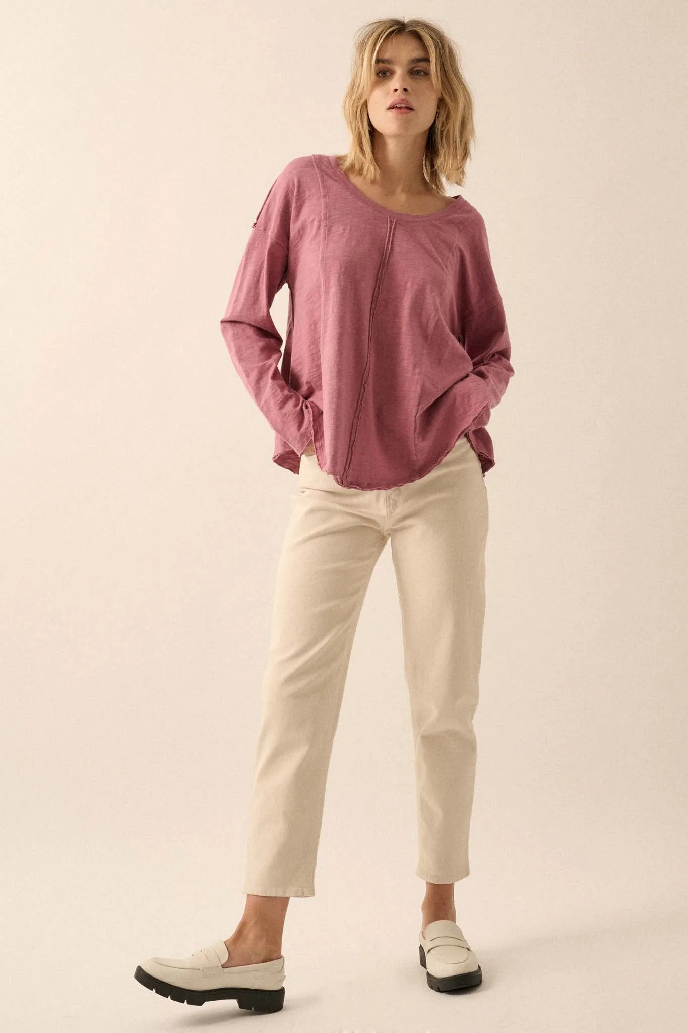 Easy Fit Cotton Slub Exposed-Seam Long-Sleeve Tee