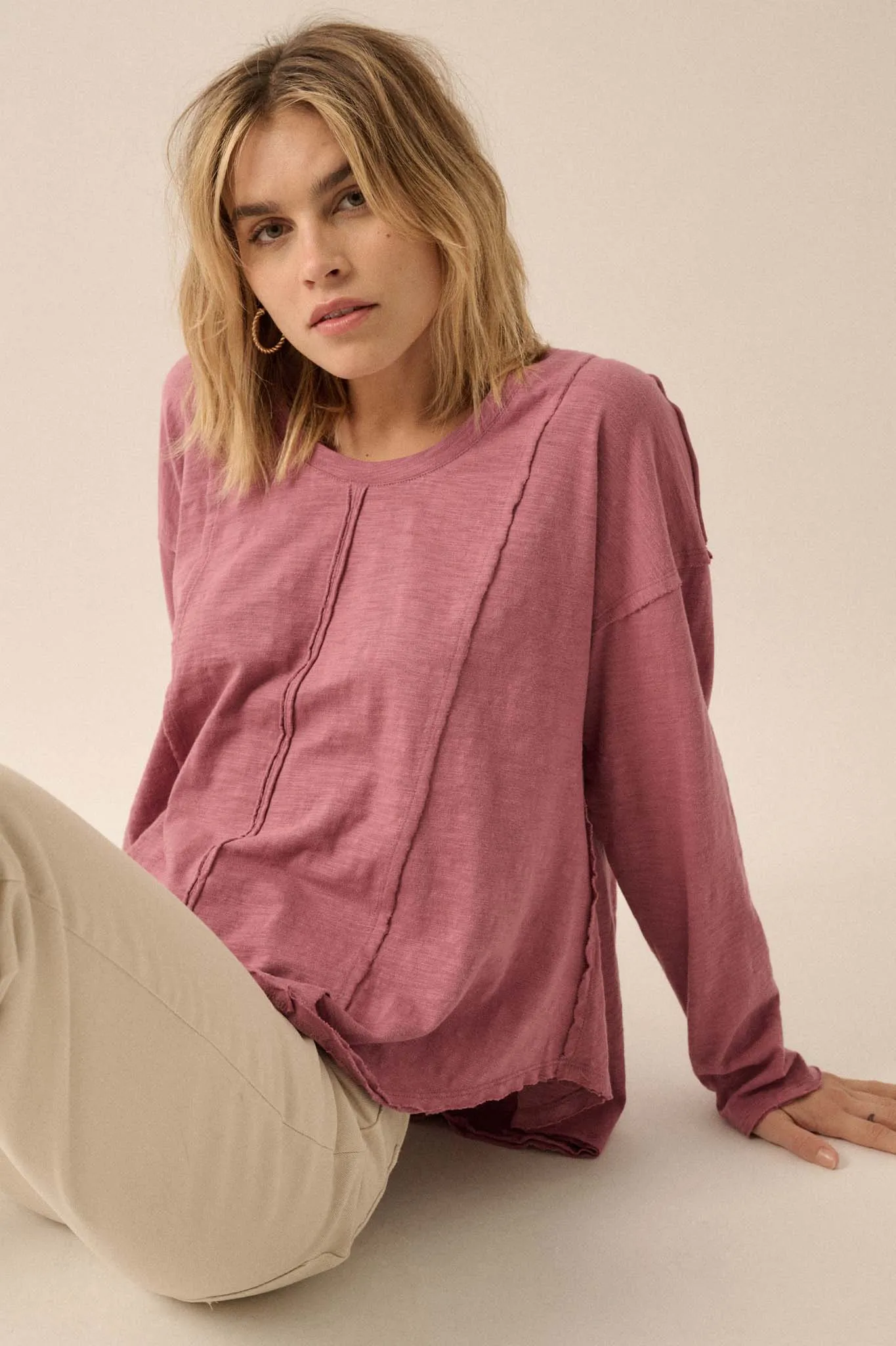 Easy Fit Cotton Slub Exposed-Seam Long-Sleeve Tee