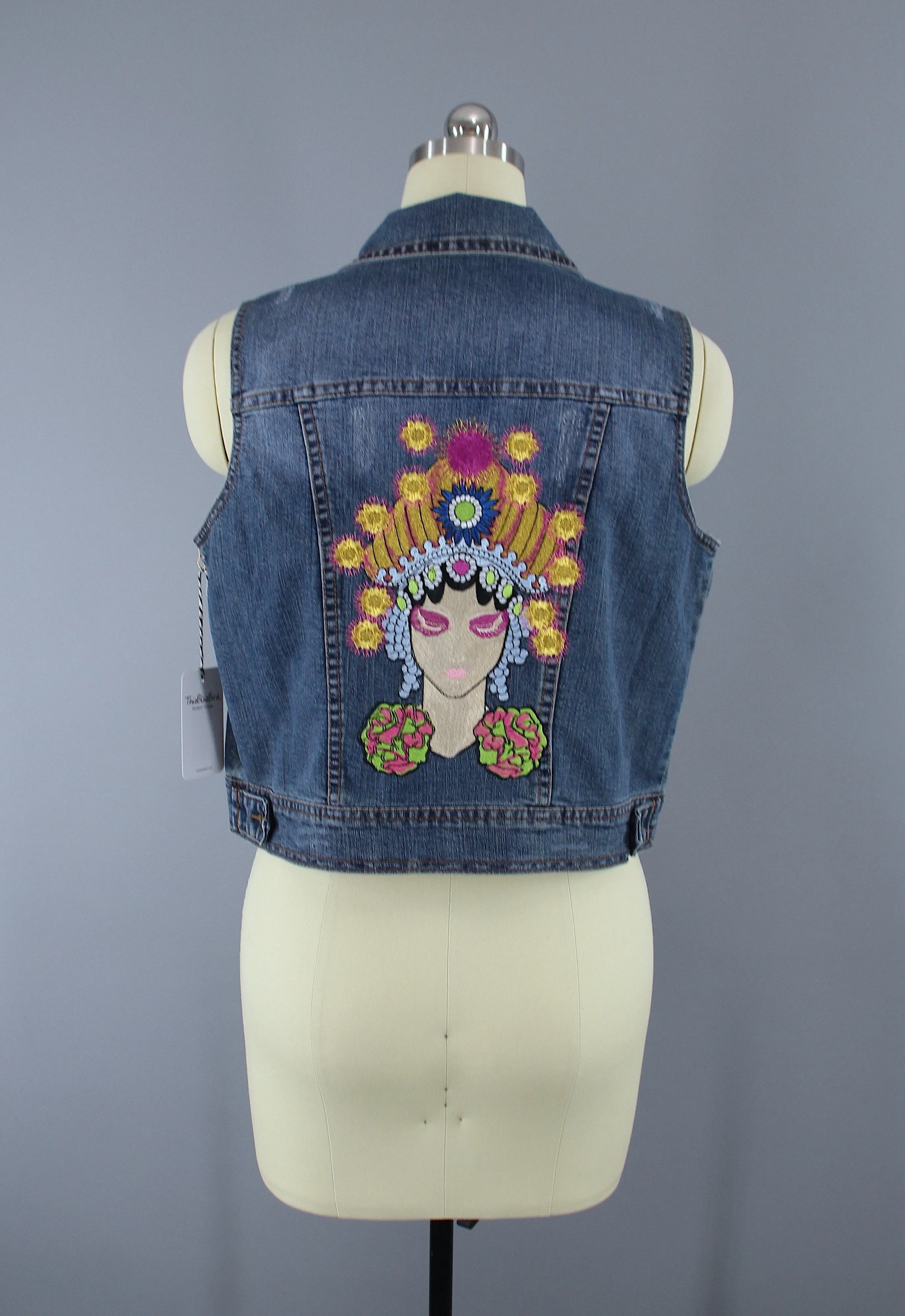 Embroidered Denim Vest Jacket / Fortune Teller Gypsy Embroidery