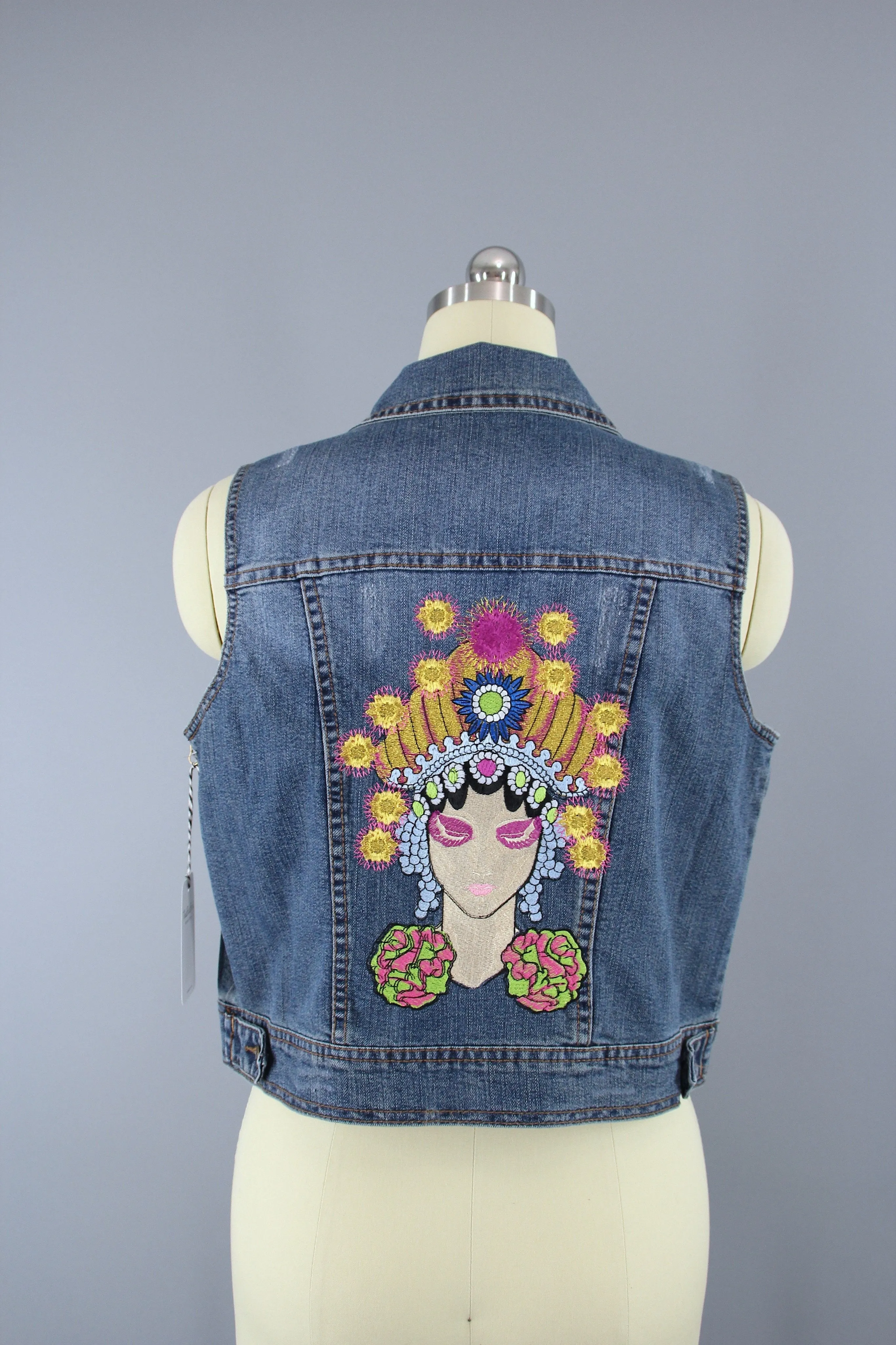 Embroidered Denim Vest Jacket / Fortune Teller Gypsy Embroidery