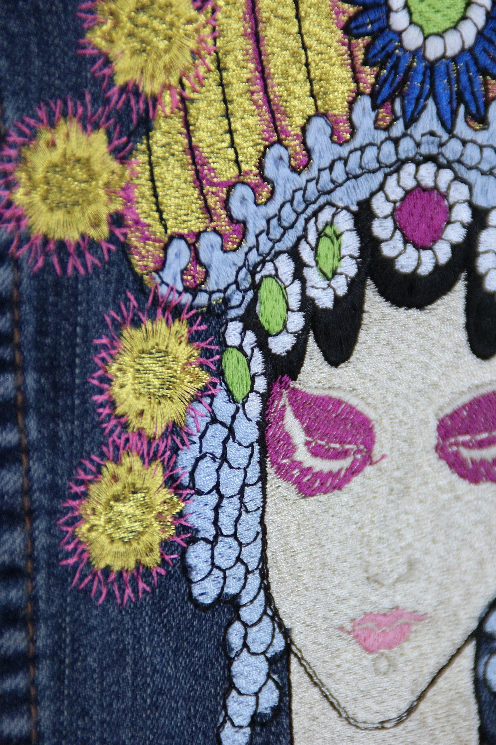 Embroidered Denim Vest Jacket / Fortune Teller Gypsy Embroidery