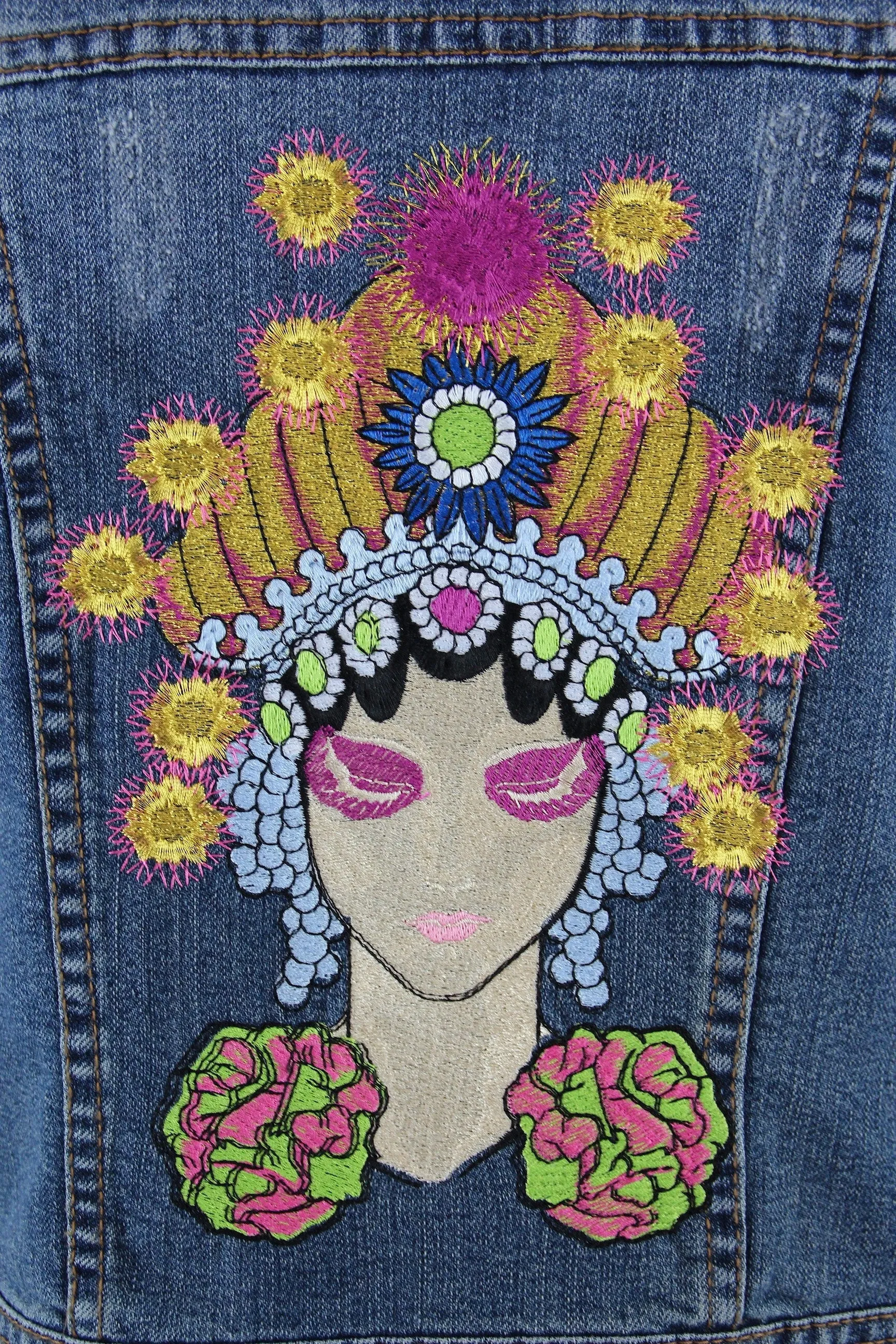 Embroidered Denim Vest Jacket / Fortune Teller Gypsy Embroidery