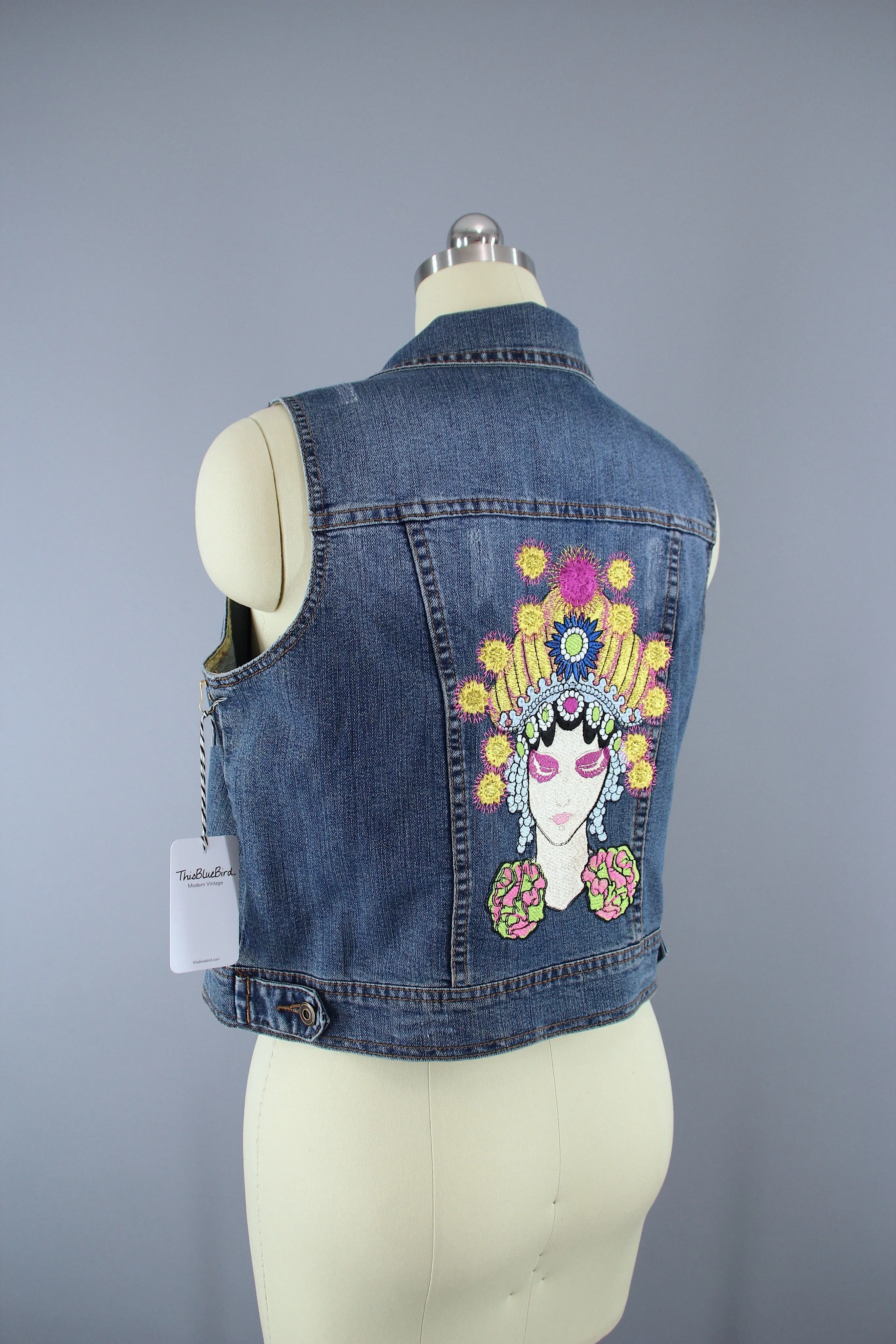 Embroidered Denim Vest Jacket / Fortune Teller Gypsy Embroidery