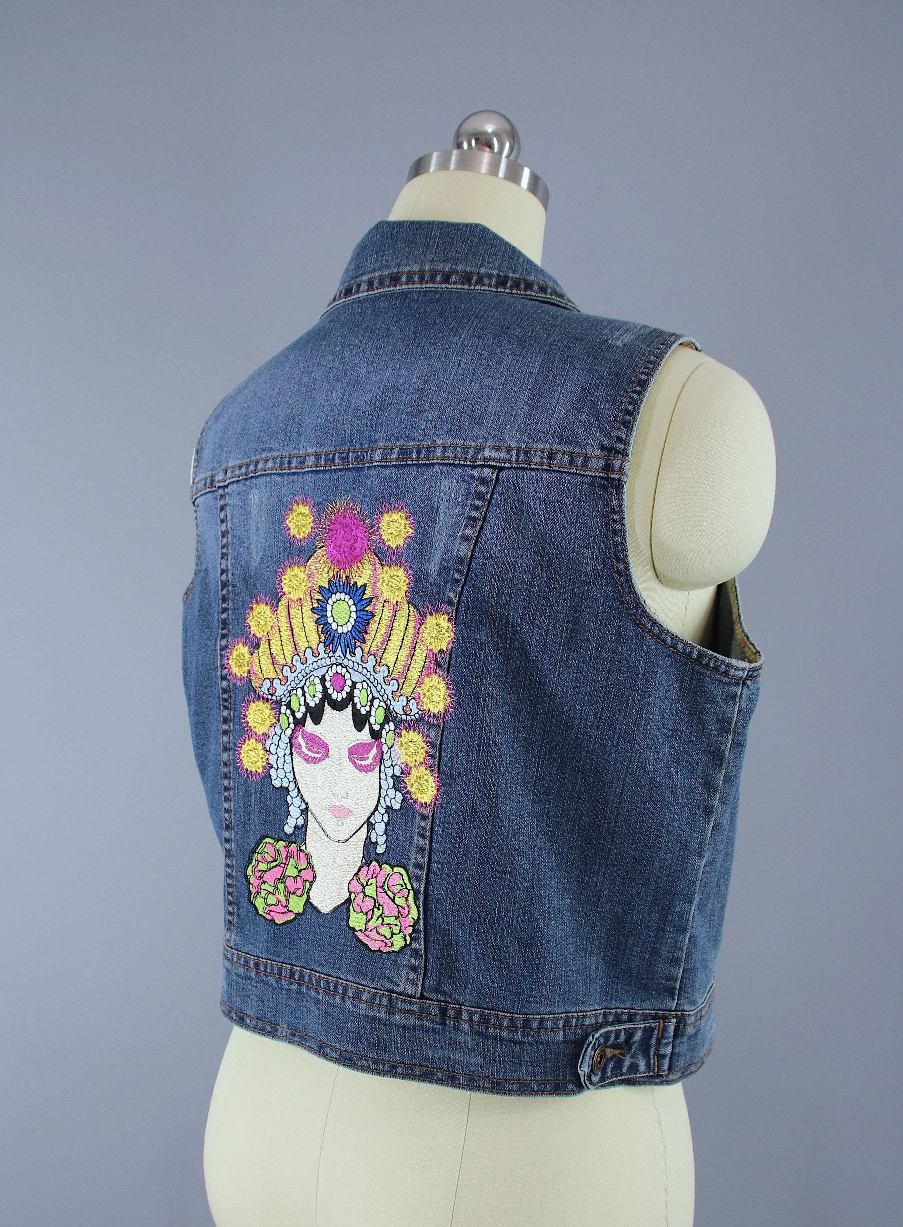 Embroidered Denim Vest Jacket / Fortune Teller Gypsy Embroidery