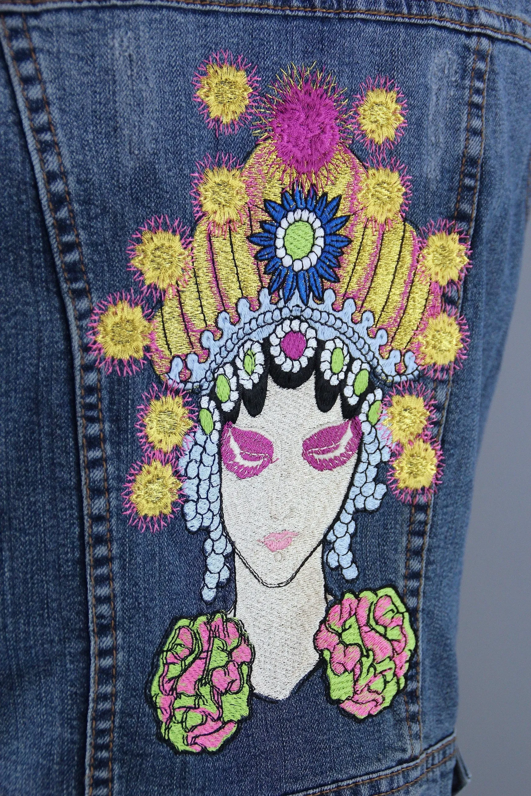 Embroidered Denim Vest Jacket / Fortune Teller Gypsy Embroidery