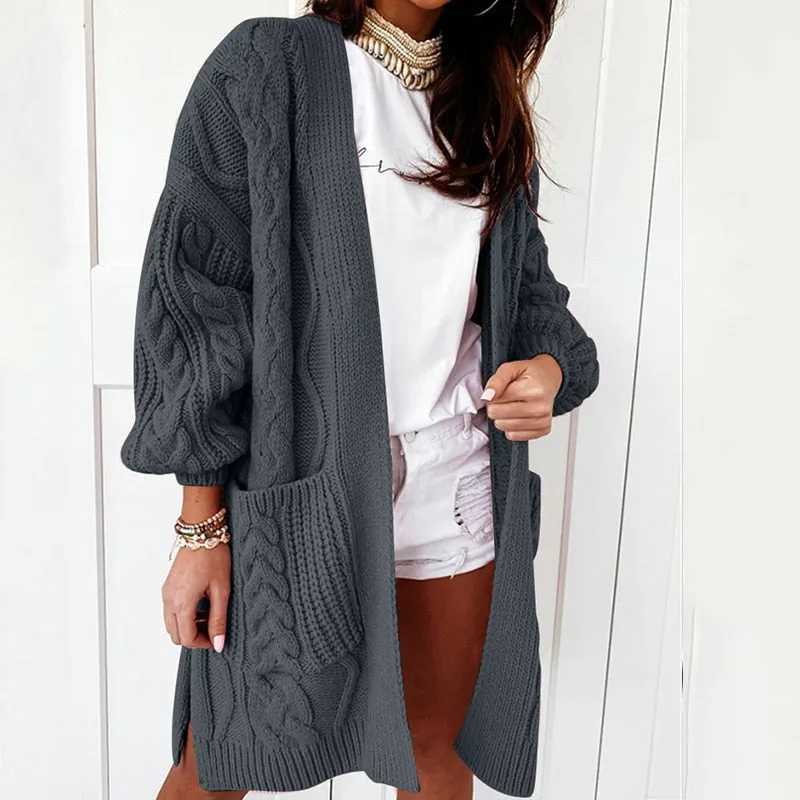 FashionSierra - Oversized Lantern Sleeve Knitted Sweater Ladies Warm Twist Loose Long Cardigan