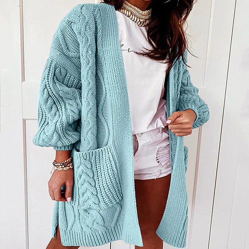 FashionSierra - Oversized Lantern Sleeve Knitted Sweater Ladies Warm Twist Loose Long Cardigan