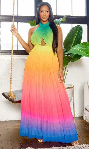 Feeling It | Ombre Halter Dress - Green Orange