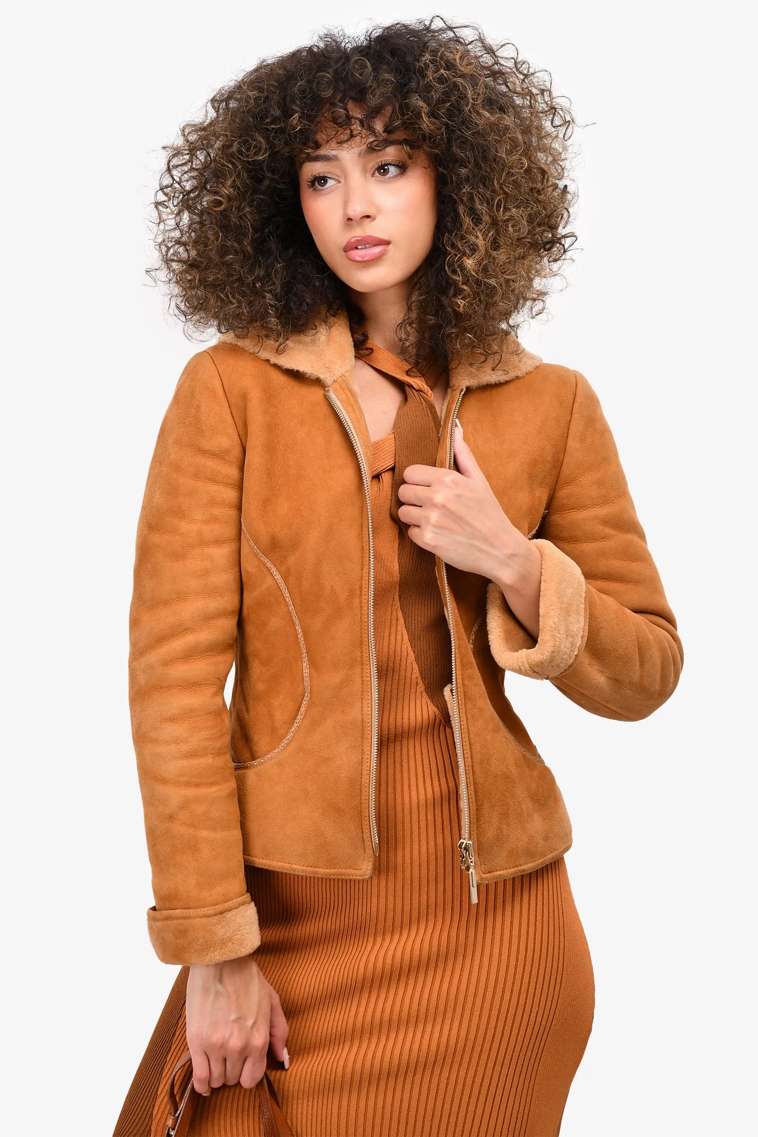 Fendi Tan Shearling Zip Jacket Size 40 (As Is)