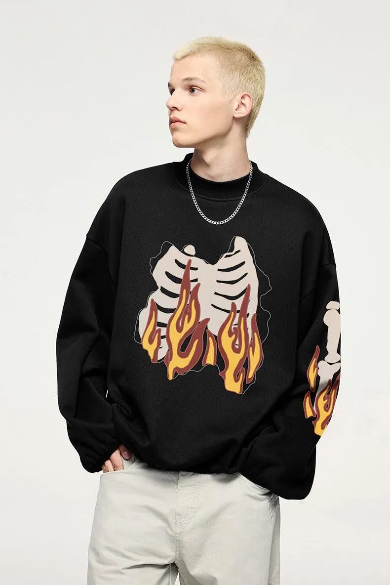 Flame Ribcage Graphic Oversized Sweatshirt – Trendy Streetwear Style