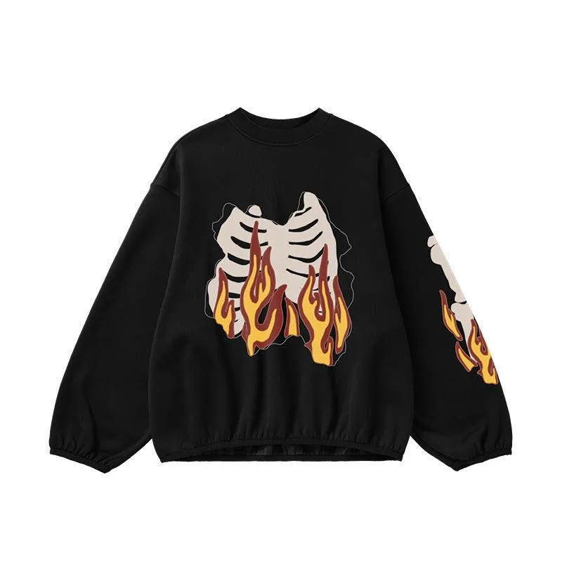 Flame Ribcage Graphic Oversized Sweatshirt – Trendy Streetwear Style