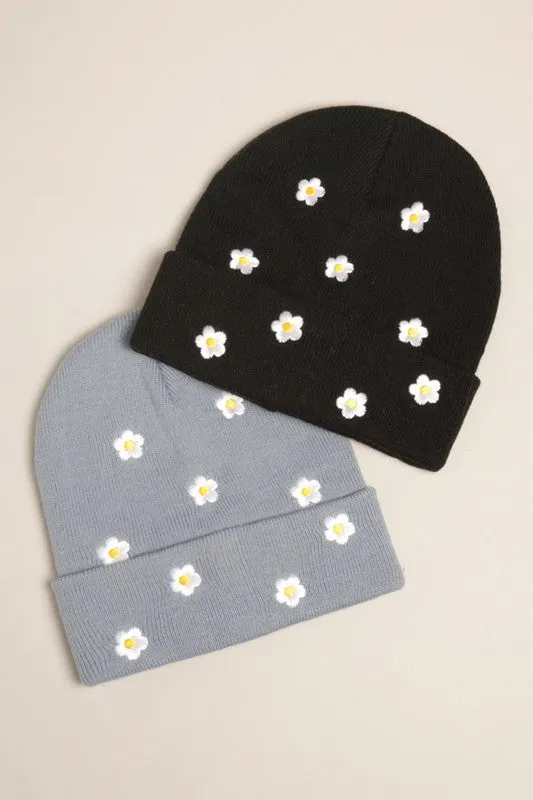 Flower Embroidered Knit Beanie Hat