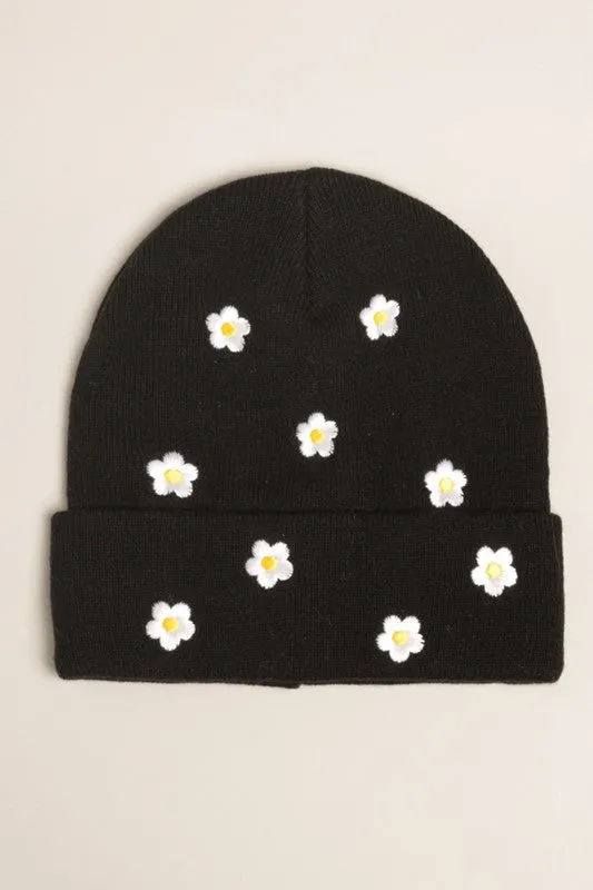 Flower Embroidered Knit Beanie Hat