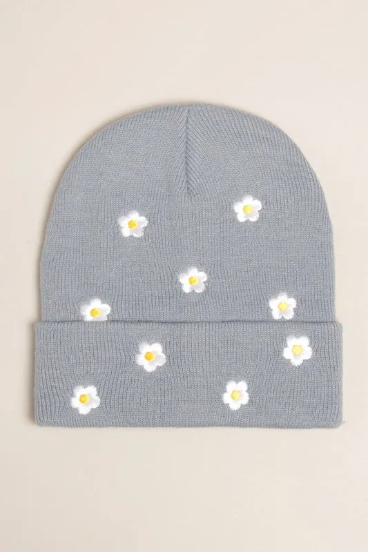 Flower Embroidered Knit Beanie Hat